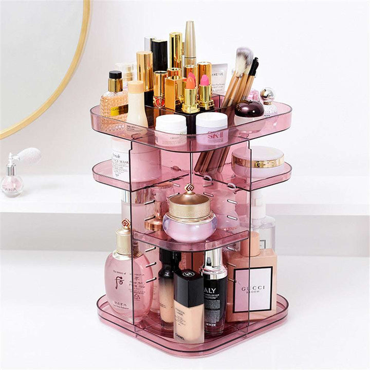 VibeCore Rotating Colorful Transparent Makeup Organizer in mauve, showcasing a sleek 360° rotation, durable acrylic design, spacious compartments, and vibrant aesthetic.