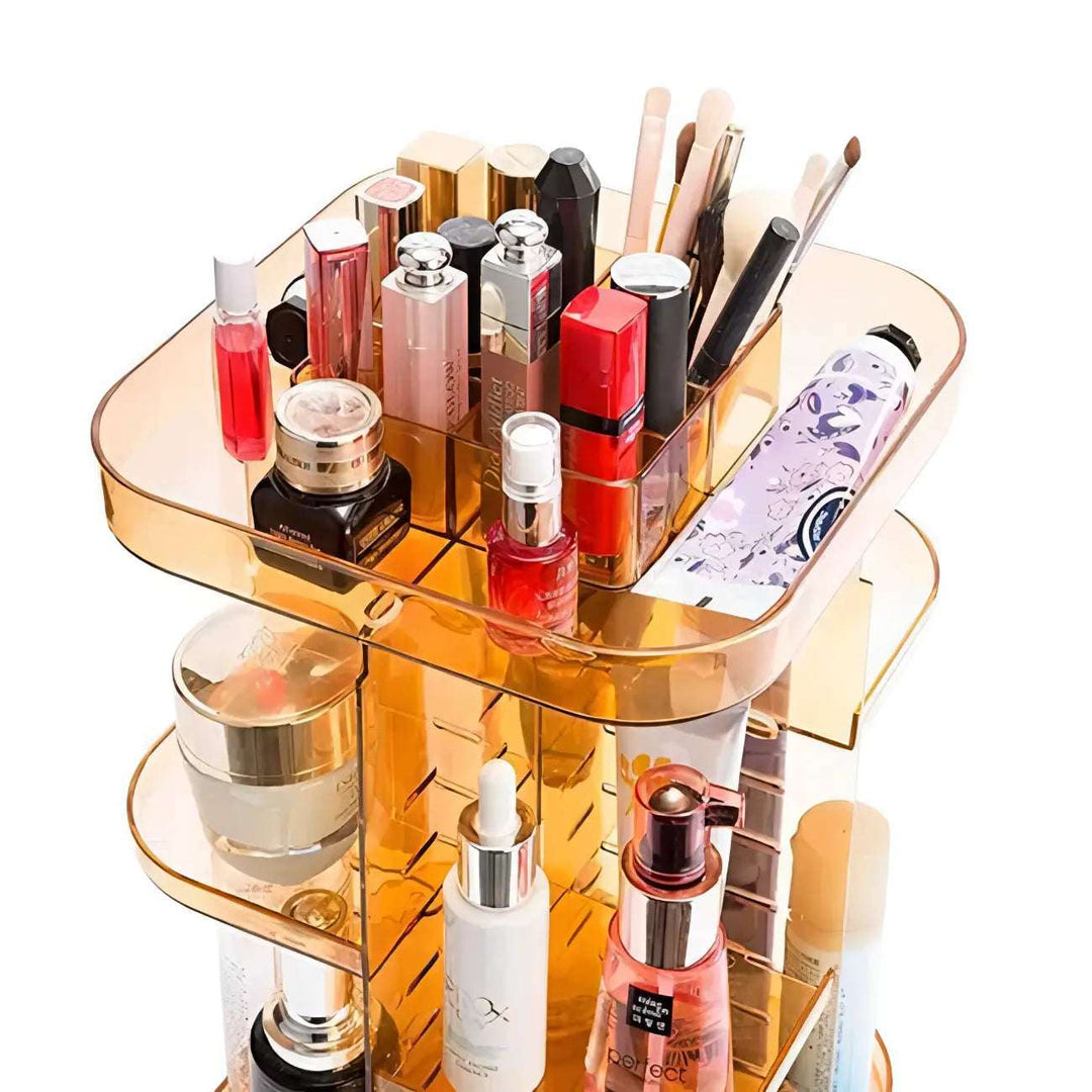 Close-up top view of the VibeCore Rotating Colorful Transparent Makeup Organizer in orange, showcasing its vibrant acrylic finish and spacious compartments for beauty essentials.