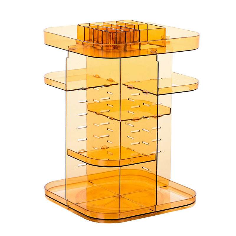 Full product view of the VibeCore Rotating Colorful Transparent Makeup Organizer in orange, featuring empty shelves and a sleek, vibrant design for beauty storage.