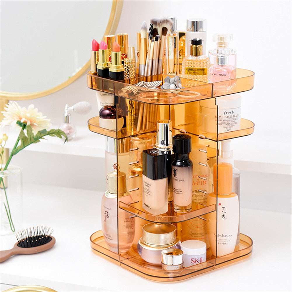 Front view of the VibeCore Rotating Colorful Transparent Makeup Organizer in orange, featuring bold acrylic design, 360° rotation, and spacious compartments for cosmetics.