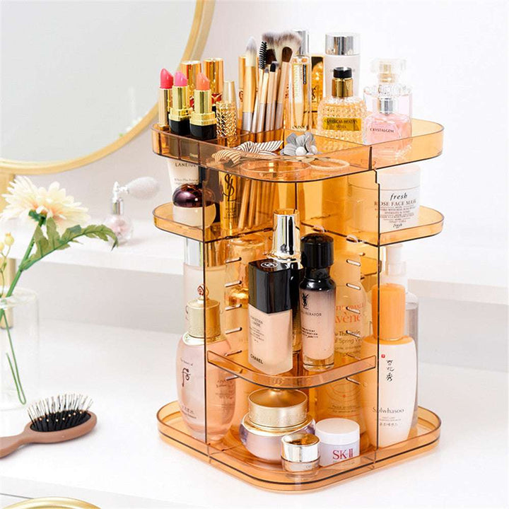 Front view of the VibeCore Rotating Colorful Transparent Makeup Organizer in orange, featuring bold acrylic design, 360° rotation, and spacious compartments for cosmetics.