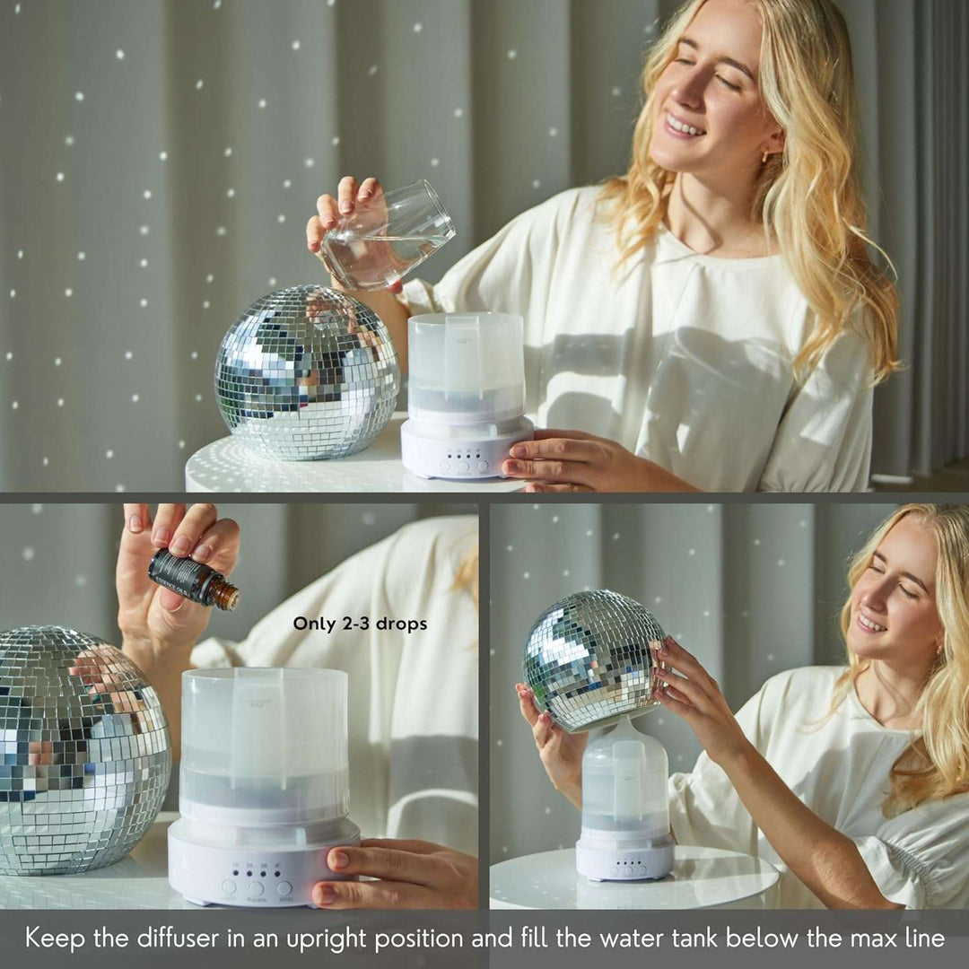 Girl using the VibeCore Rotating Disco Ball Diffuser, enjoying the vibrant light patterns and soothing aromatherapy mist in her room.