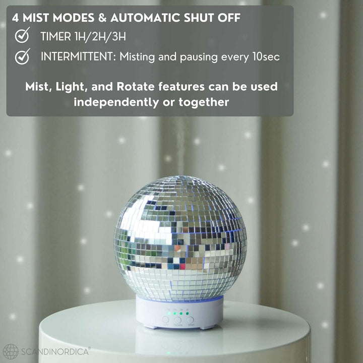 VibeCore Rotating Disco Ball Diffuser displaying different mist modes, with colorful light patterns and a soothing mist creating a relaxing atmosphere.