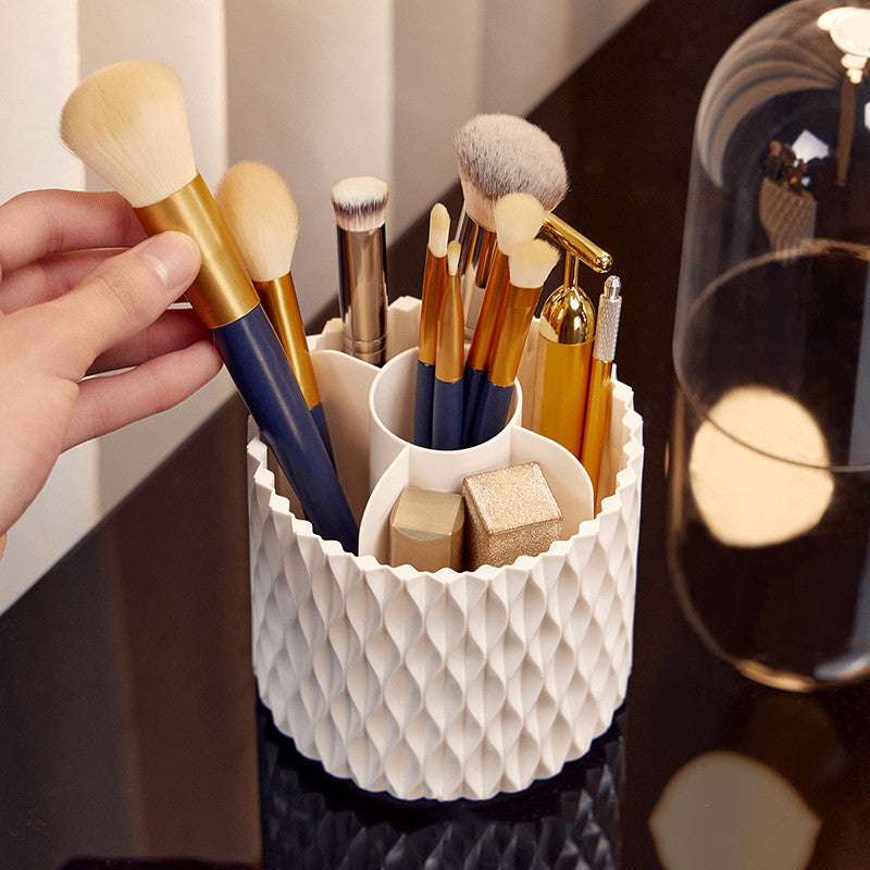 Close-up of the multiple compartments, designed to neatly store makeup brushes, pencils, and beauty tools, offering organized and dust-free storage.