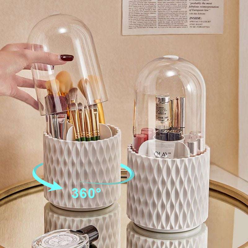Showcasing the 360° rotating feature, offering easy access to makeup brushes, pencils, and beauty tools stored in multiple compartments.