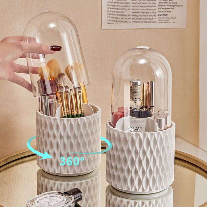 Showcasing the 360° rotating feature, offering easy access to makeup brushes, pencils, and beauty tools stored in multiple compartments.