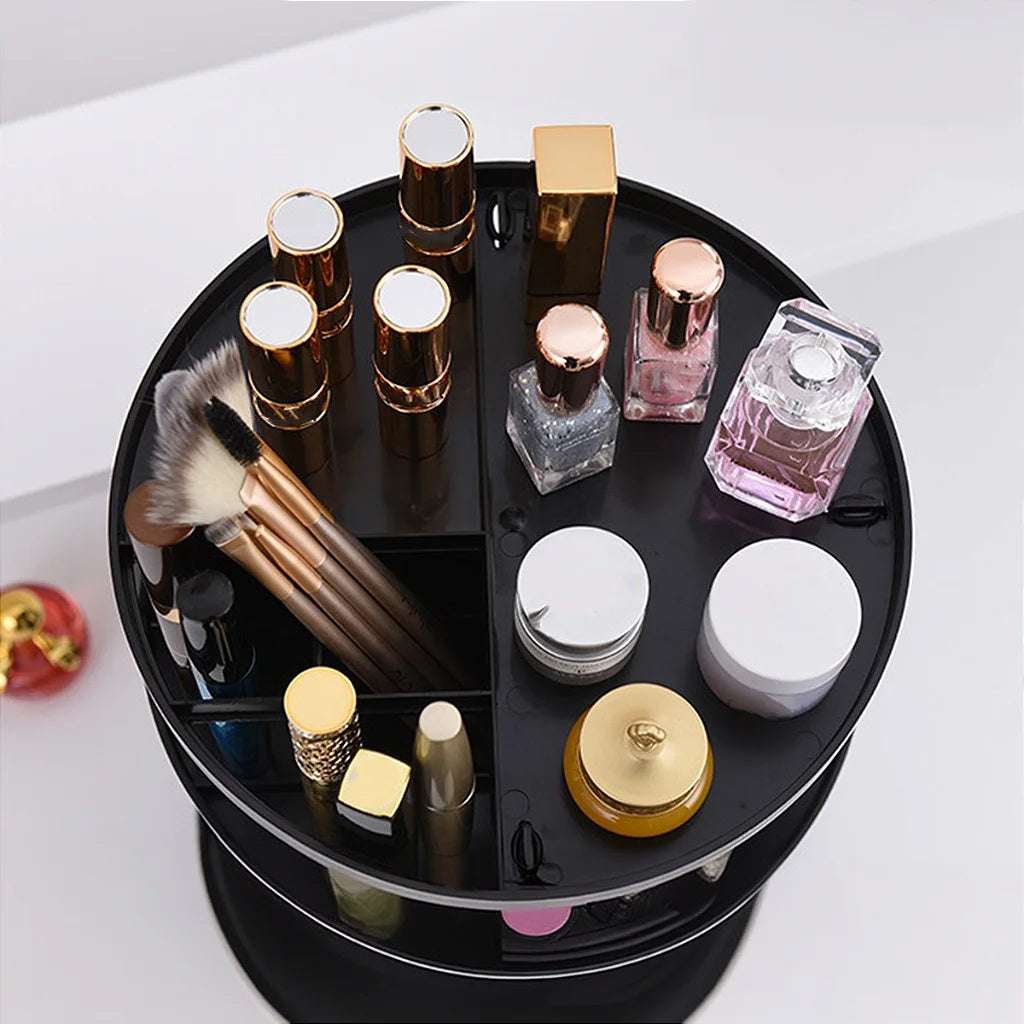 VibeCore Rotating Makeup Organizer in Black, viewed from above, displaying its sleek 360° rotation and organized compartments for makeup, skincare, and beauty products.
