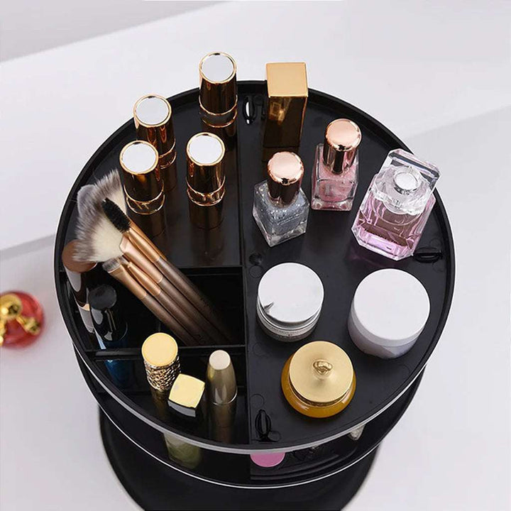 VibeCore Rotating Makeup Organizer in Black, viewed from above, displaying its sleek 360° rotation and organized compartments for makeup, skincare, and beauty products.