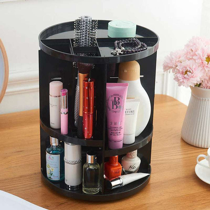 VibeCore Rotating Makeup Organizer in Black, featuring a 360° rotating design, sleek acrylic makeup holder, adjustable storage, space-saving, clutter-free, multifunctional vanity organizer, ideal for cosmetics, jewelry, and beauty essentials, offering easy access and efficient organization.