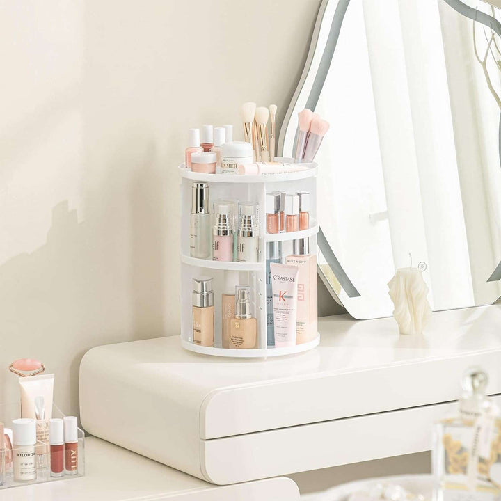 VibeCore Rotating Makeup Organizer in White on vanity, featuring sleek 360° rotation for easy access to makeup, skincare, and beauty essentials, designed for neat and organized storage.