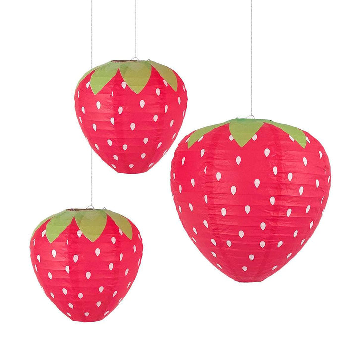 VibeCore Strawberry Paper Lantern Pendant Pack of 3, featuring adorable strawberry-shaped lanterns with printed leaves, ideal for adding a sweet, playful touch to any room or event.