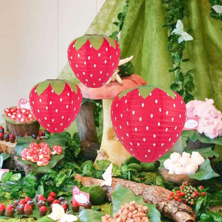 Pack of 3 VibeCore Strawberry Paper Lantern Pendants, featuring cute strawberry designs with printed leaves, adding a playful and charming touch to any space.