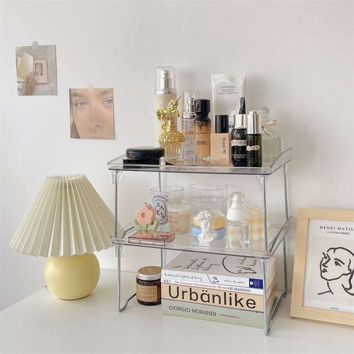 VibeCore Transparent Acrylic Foldable Shelf double shelf stack on desk, displaying a sleek, minimalist design with organized items like stationery and small decor, perfect for tidy desk storage.