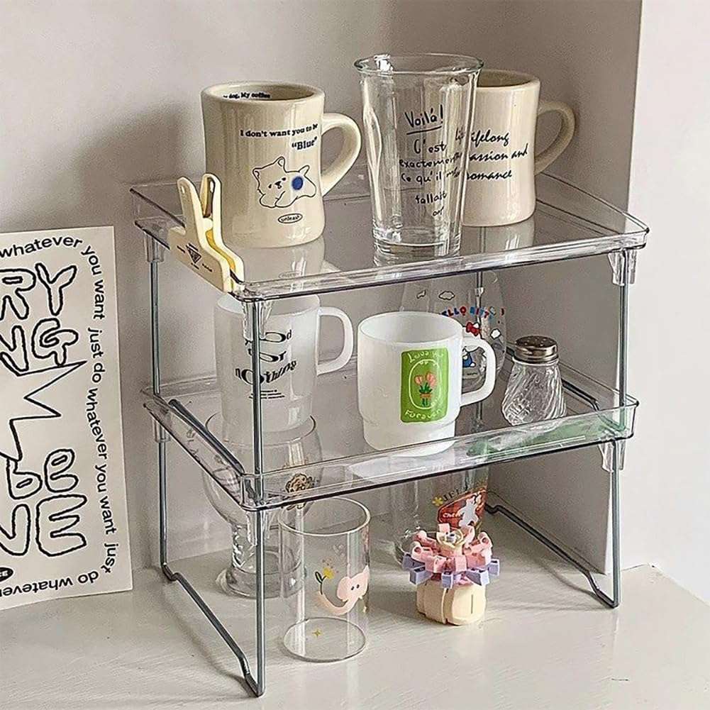 VibeCore Transparent Acrylic Foldable Shelf double shelf stack with mugs neatly arranged, showcasing its minimalist design, durable acrylic material, and space-saving functionality for organizing kitchen or office essentials.