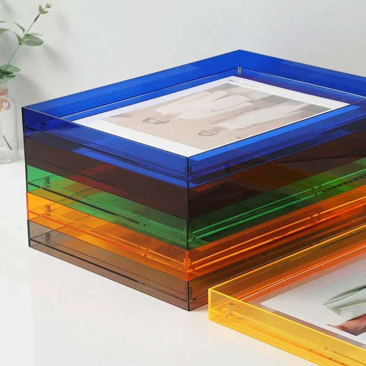 VibeCore Transparent Acrylic Photo Frames stacked on top of each other—offering a clean and modern display. These sleek, clear acrylic frames allow your photos to shine while creating an eye-catching, minimalist arrangement perfect for any room or decor style.
