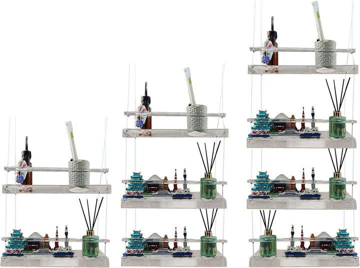 VibeCore Transparent Hanging Plant Shelf, featuring all 3 sizes (2-shelf, 3-shelf, and 4-shelf), showcasing sleek acrylic designs and adjustable cords for stylish plant displays.