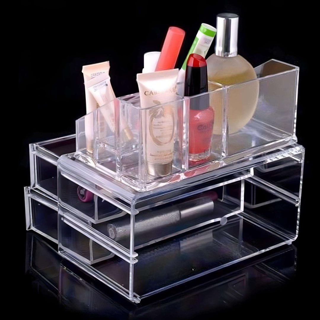 Back view of the clear acrylic organizer, displaying neatly stored cosmetics, makeup, and skincare products in a compact, space-saving design.