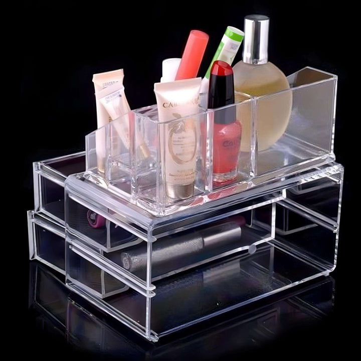 Back view of the clear acrylic organizer, displaying neatly stored cosmetics, makeup, and skincare products in a compact, space-saving design.