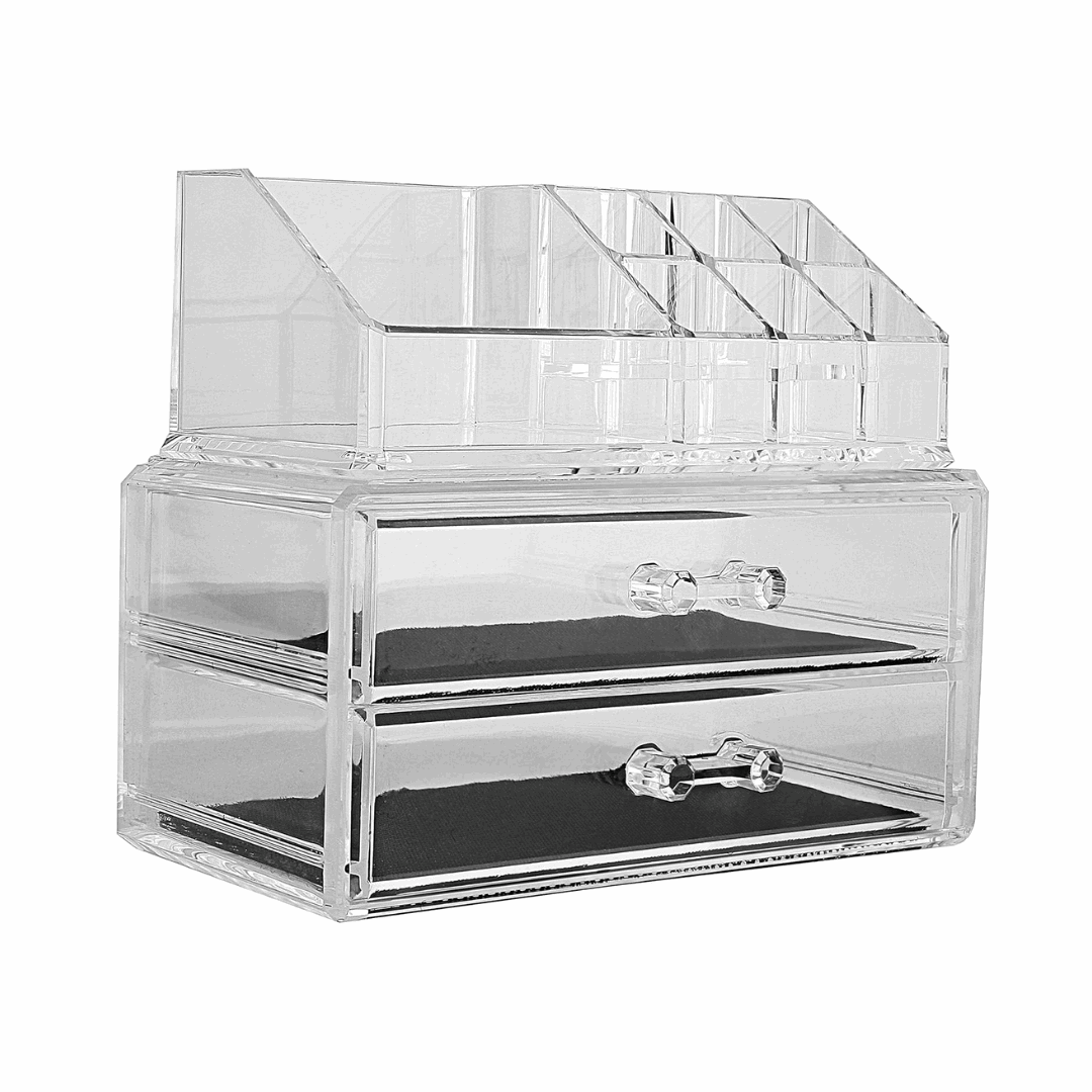 Full product view of the empty acrylic organizer, showcasing its clear, space-saving design perfect for storing cosmetics, makeup, and skincare.
