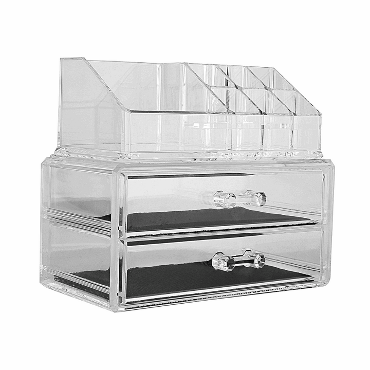 Full product view of the empty acrylic organizer, showcasing its clear, space-saving design perfect for storing cosmetics, makeup, and skincare.