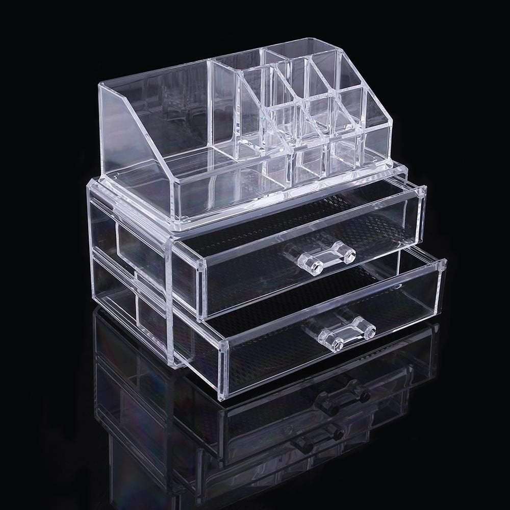 Front angled view of the sleek acrylic organizer, showcasing cosmetics, makeup, and skincare products neatly stored in a space-efficient design.