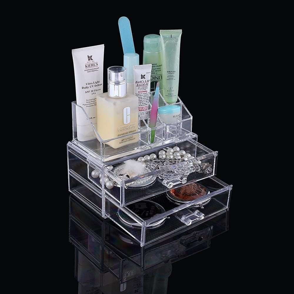 Full product view of the sleek acrylic organizer, displaying cosmetics, makeup, and skincare products in a clear, space-saving design.