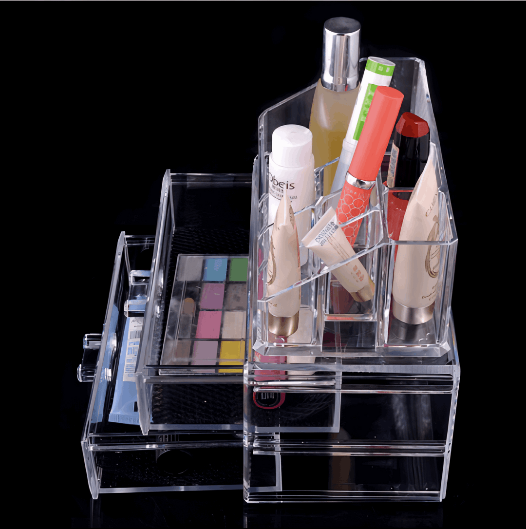 Side view of the clear acrylic organizer, showcasing neatly arranged cosmetics, makeup, and skincare products in a sleek, space-saving design.
