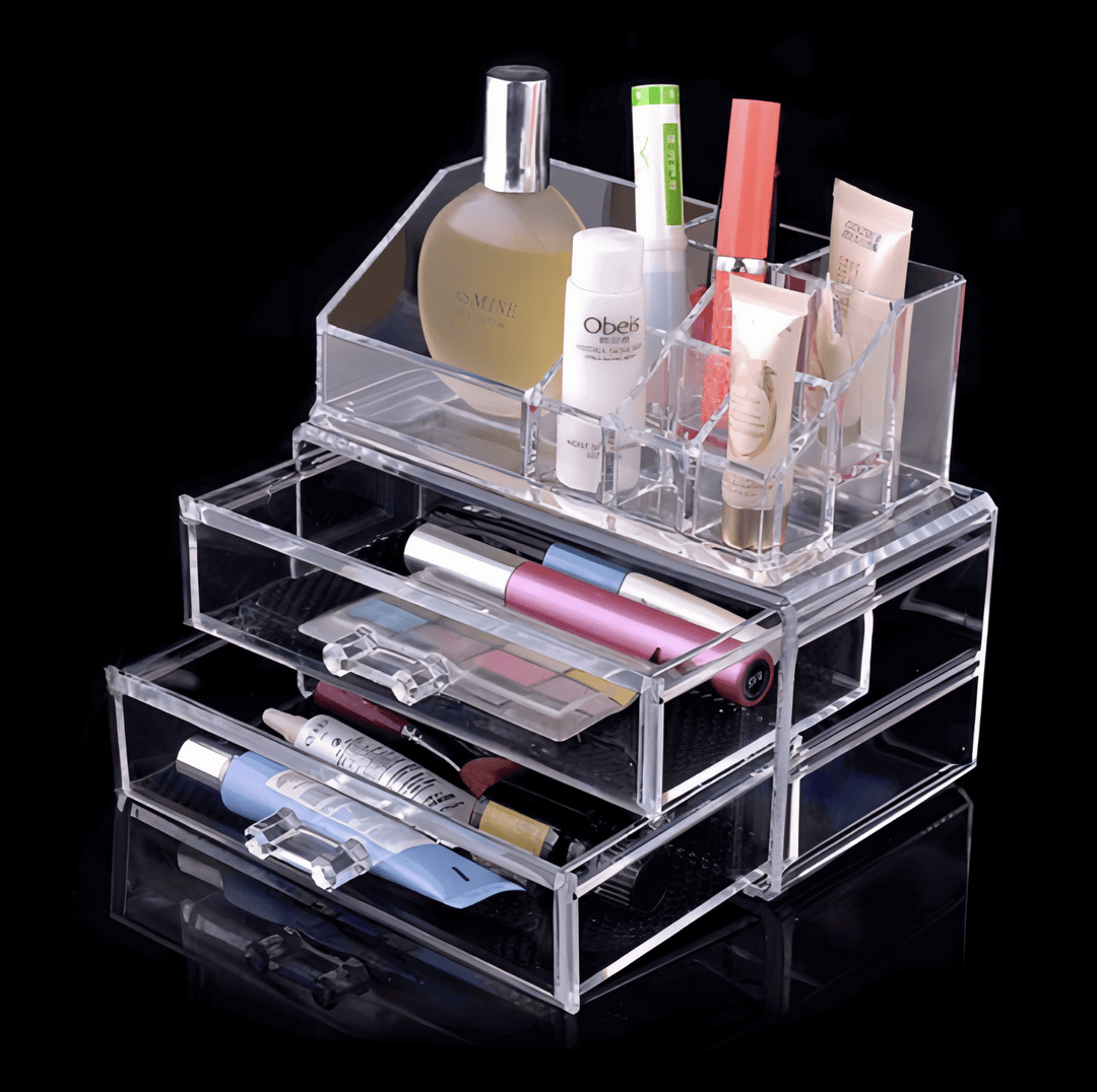 Clear acrylic organizer filled with cosmetics, showcasing makeup, skincare, and beauty products in an organized, space-saving design for easy access.