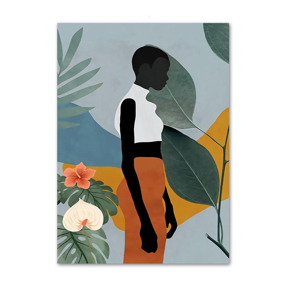 VibeCore Abstract Black Beauty Canvas Prints Option A: Black woman in white turtleneck croptop and orange maxi skirt