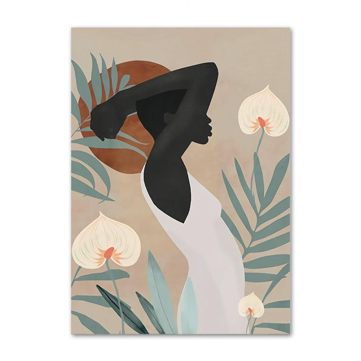 VibeCore Abstract Black Beauty Canvas Prints Option B: Black woman in white dress