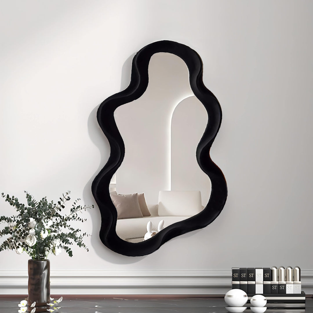 VibeCore Abstract Curve Wall Mirror Black Ripple: A striking mirror with a unique ripple design, adding a bold, modern touch to any room with its eye-catching black finish and sculptural curves.
