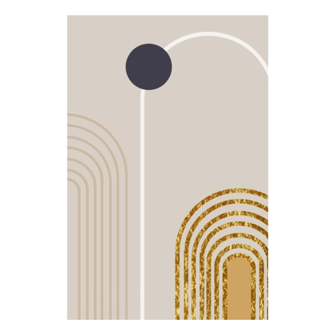 VibeCore Abstract Curves Canvas Prints Option L - Gold and beige arch lines with black circle on beige background
