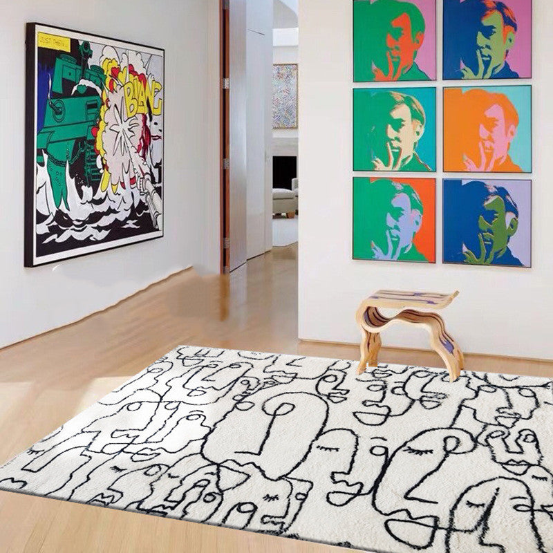 VibeCore Abstract Faces Rug, featuring a minimalist design with abstract face illustrations in black and white, adding a modern, artistic touch to any room.