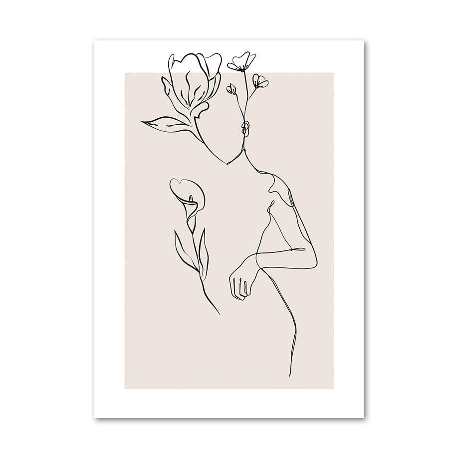VibeCore Abstract Female Canvas Prints Option D: Fine line of woman with flowers growing on her head