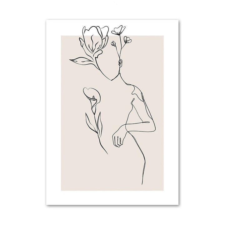 VibeCore Abstract Female Canvas Prints Option D: Fine line of woman with flowers growing on her head