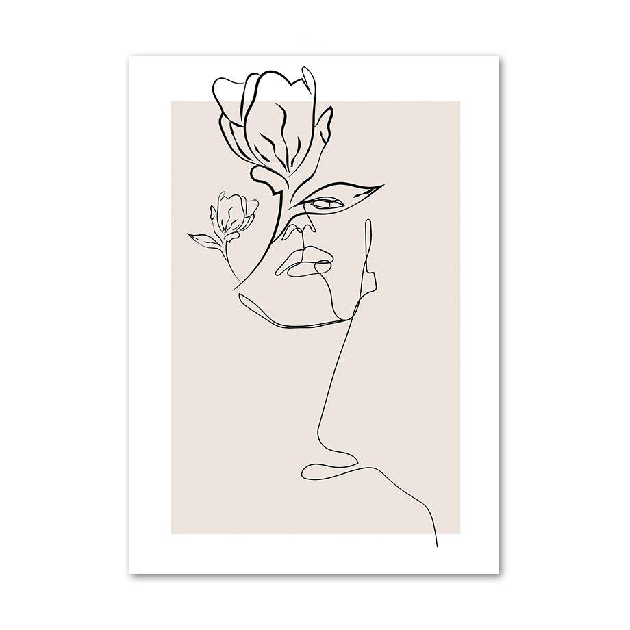 VibeCore Abstract Female Canvas Prints Option E: Fine line face of woman with flowers growing out of it