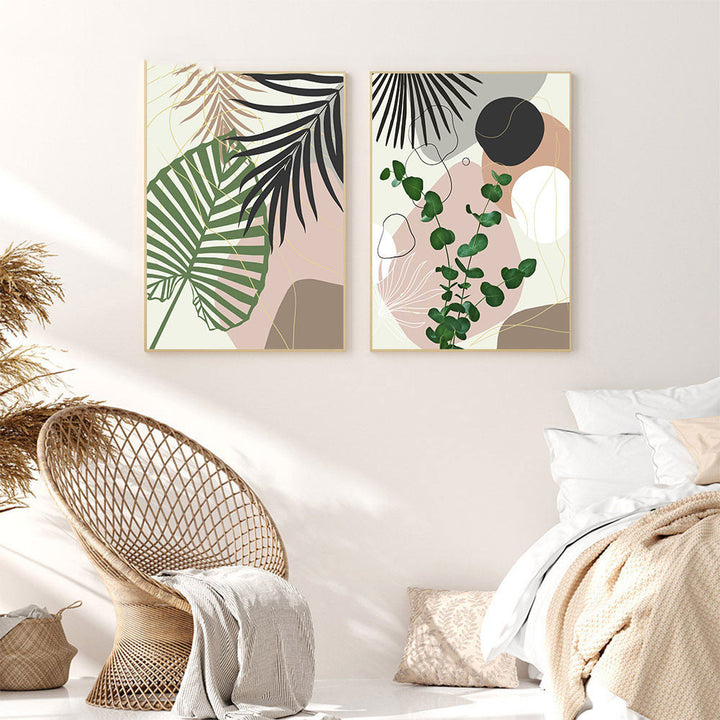 VibeCore Abstract Tropical Plants Canvas Prints Option A and B Framed On Wall In Bedroom