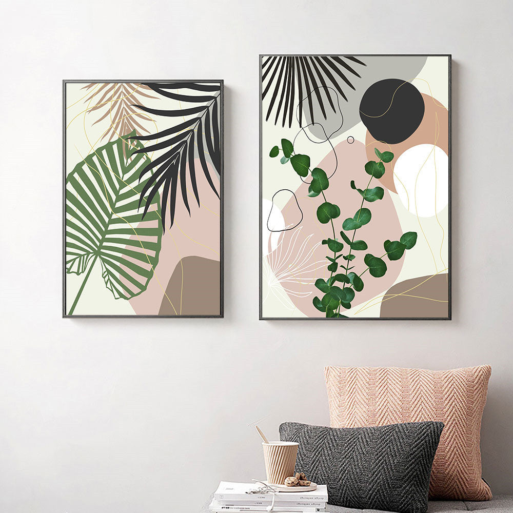 VibeCore Abstract Tropical Plants Canvas Prints Option A and B Framed On Wall In Entryway