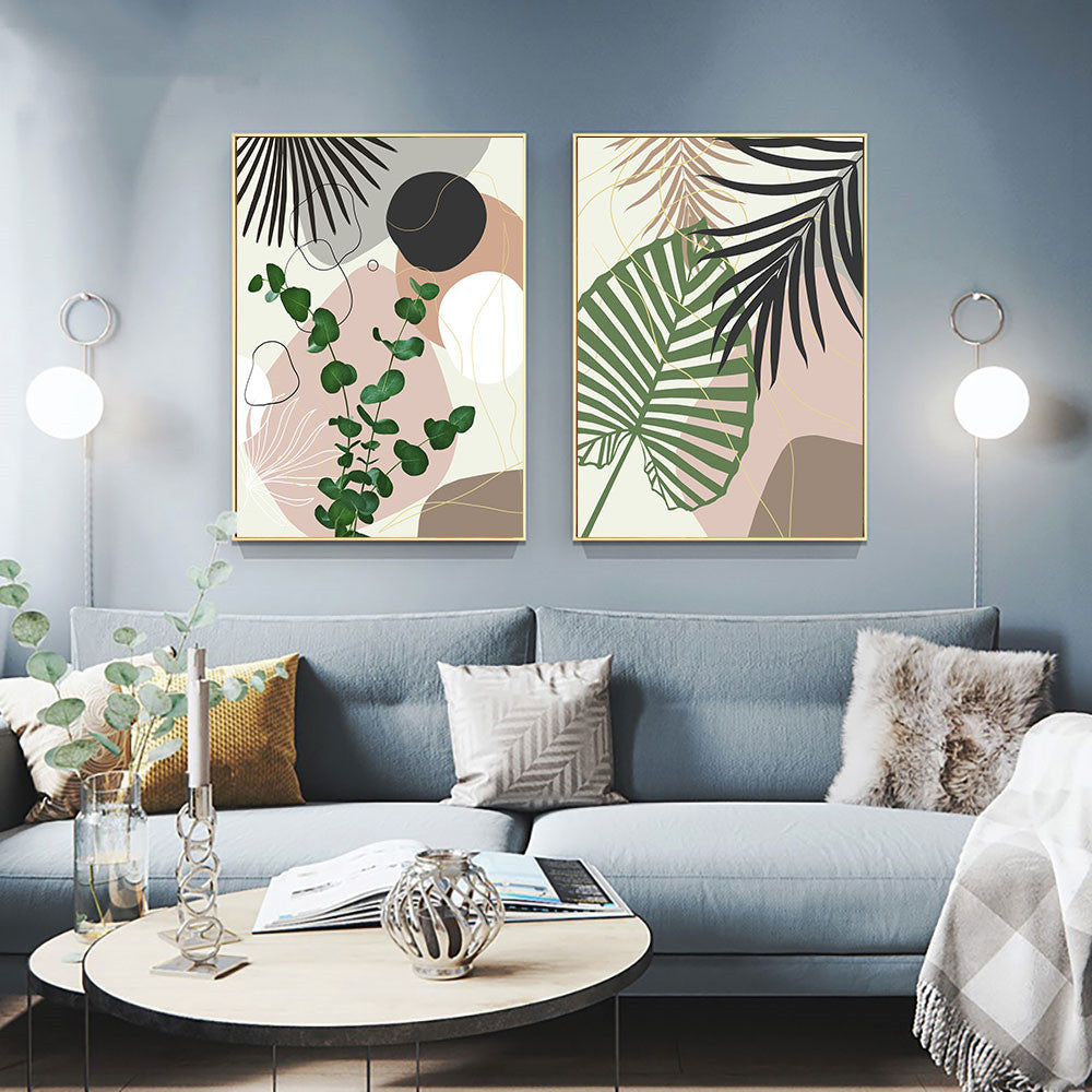 VibeCore Abstract Tropical Plants Canvas Prints Option A and B Framed On Wall In Living Room