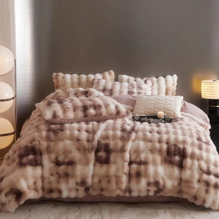 Aerial view of the 'Arctic Faux Fur Bedding Set' in cinnamon, featuring its plush brown and beige faux fur texture and warm, rich color. The luxurious fabric and cozy design create a sophisticated and inviting atmosphere in any bedroom or dorm.