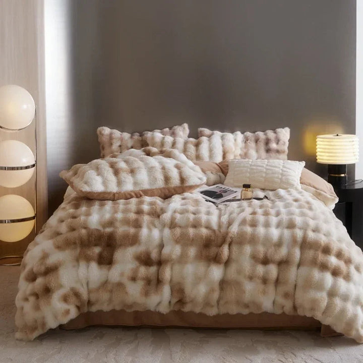Aerial view of the 'Arctic Faux Fur Bedding Set' in Peach Wood, featuring its plush faux fur texture and warm, rich orange-brown and beige color. The luxurious fabric and cozy design create a sophisticated and inviting atmosphere in any bedroom or dorm.