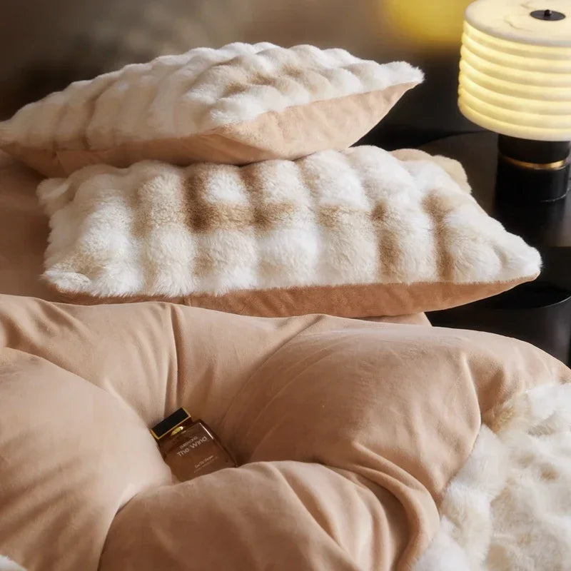 Close-up of the plush pillow cover from the 'Arctic Faux Fur Bedding Set' in Peach Wood, highlighting its soft, luxurious faux fur texture. The rich orange-brown and beige color and velvety feel add a cozy and elegant touch to any bedroom or dorm.