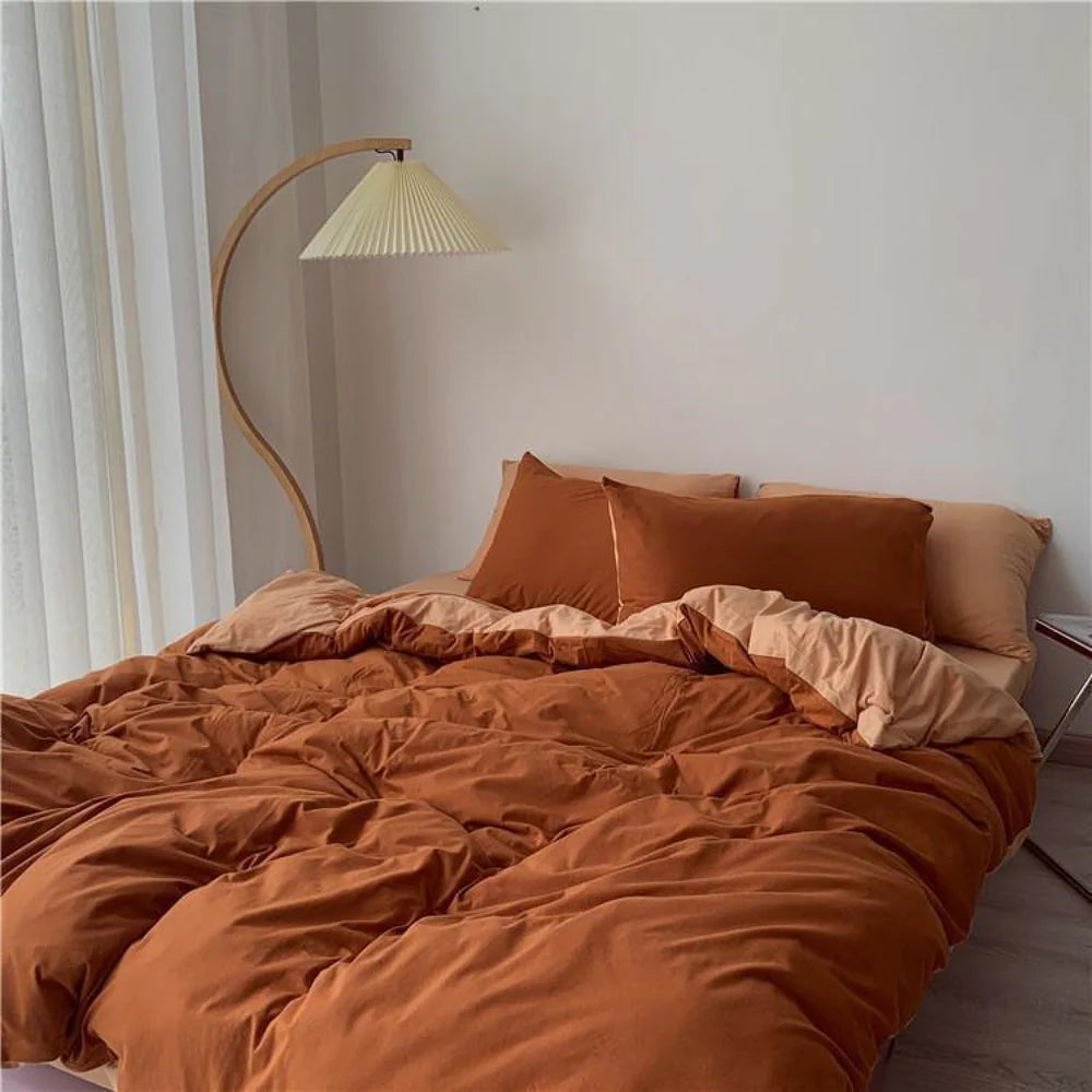 Aerial view of the VibeCore Aesthetic Australian Cotton Duvet Cover Set in burnt orange, highlighting the vibrant color and soft, luxurious texture of the premium Australian cotton fabric. The rich, warm tones bring a cozy, stylish vibe to your bedroom, creating a perfect balance of comfort and sophistication.