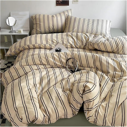 Aerial view of the VibeCore Aesthetic Beige Urban Stripe Duvet Cover Set, featuring a contemporary striped design in warm beige tones. Made from soft, breathable fabric, this duvet set brings a modern and cozy touch to any bedroom or dorm.