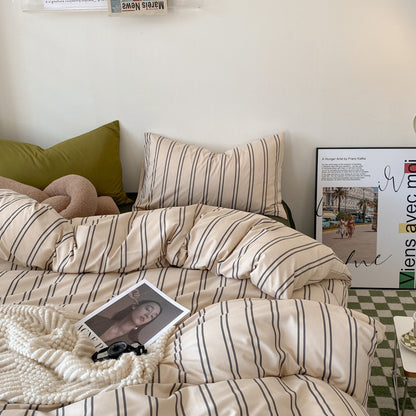 Front right view of the VibeCore Aesthetic Beige Urban Stripe Duvet Cover Set, showcasing the sleek striped design in warm beige tones. Crafted from soft, breathable fabric, this duvet set adds a modern, cozy touch to any bedroom or dorm.