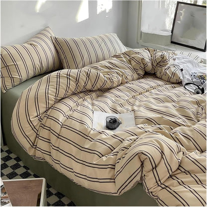Side view of the VibeCore Aesthetic Beige Urban Stripe Duvet Cover Set, highlighting the sleek striped design in warm beige tones. Made from soft, breathable fabric, this duvet set adds a modern, stylish touch to any bedroom or dorm.