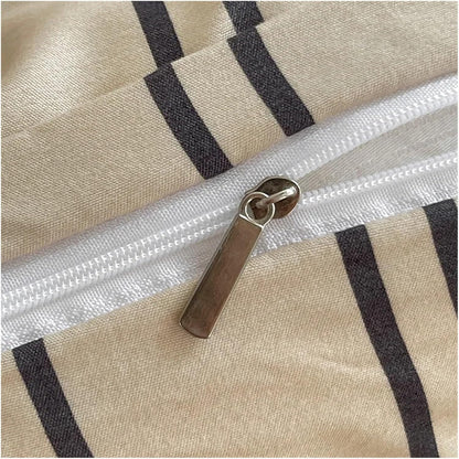 Close-up view of the zipper detail on the VibeCore Aesthetic Beige Urban Stripe Duvet Cover Set, showcasing the smooth, durable zipper that ensures easy use and a secure fit. The soft, breathable fabric and modern striped design add both style and comfort to any bedroom or dorm.
