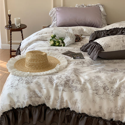 VibeCore Aesthetic Black Ruffles French Toile Duvet Cover Set in a front left view, showcasing the intricate French toile pattern with ruffled detailing, adding timeless sophistication and charm to your bedroom or dorm.
