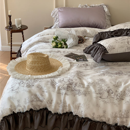VibeCore Aesthetic Black Ruffles French Toile Duvet Cover Set in a front left view, showcasing the intricate French toile pattern with ruffled detailing, adding timeless sophistication and charm to your bedroom or dorm.
