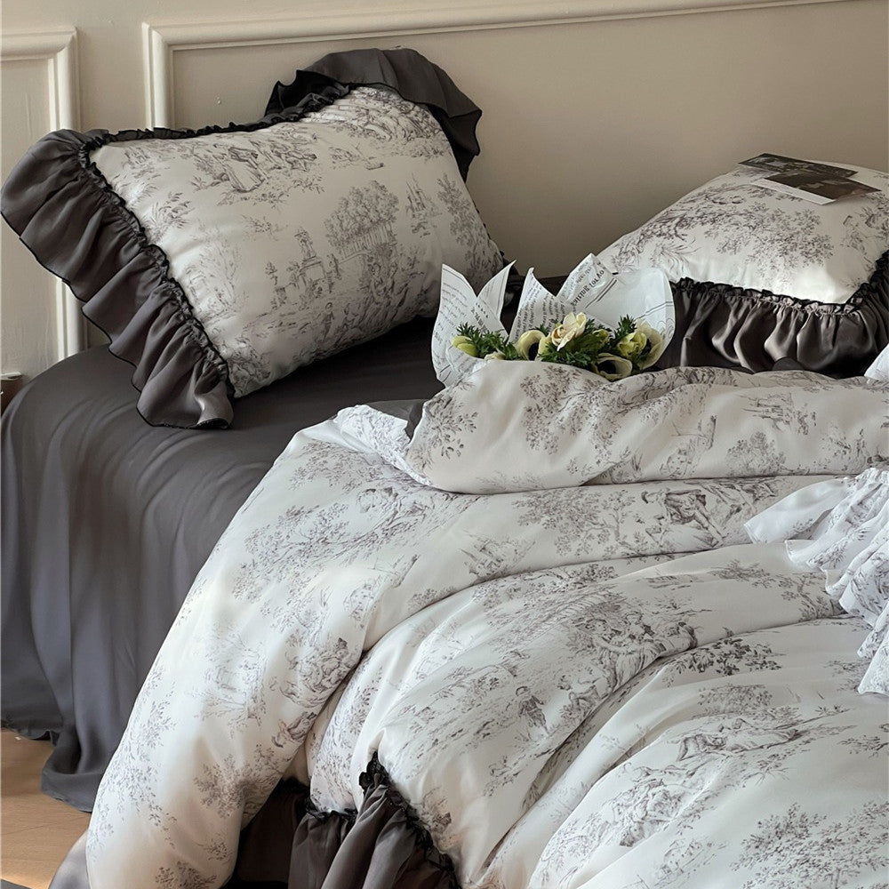 VibeCore Aesthetic Black Ruffles French Toile Duvet Cover Set featuring intricate black toile design with ruffled details on the left top corner, adding a touch of elegance and sophistication to your bedding.